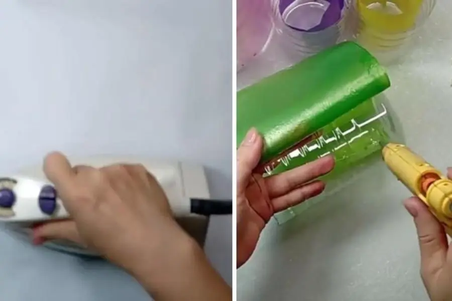 Dán cố định nilon vào chai nhựa.