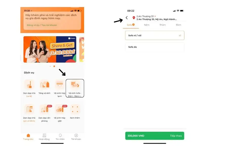 Chọn mục Vệ sinh Sofa tại ứng dụng bTaskee.