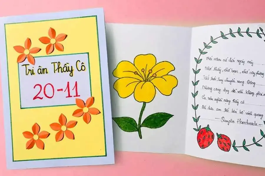 Mẫu thiệp vẽ và dán hoa trang trí rất nổi bật.
