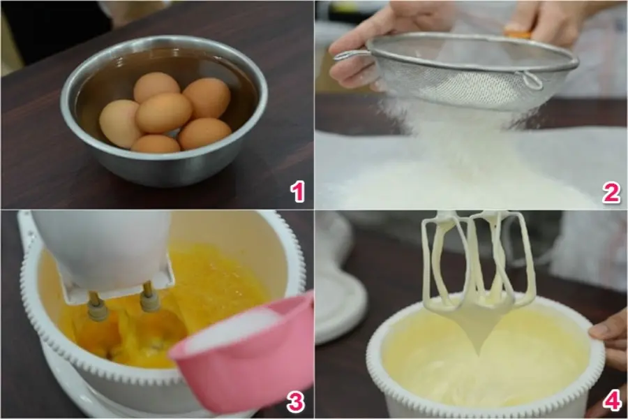Ngâm trứng vào nước ấm. Trộn đều hỗn hợp bột. Đánh bông trứng lên
