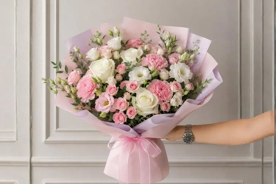 Mẫu bó hoa hồng, cát tường và cẩm chướng tặng cấp trên, sếp nữ