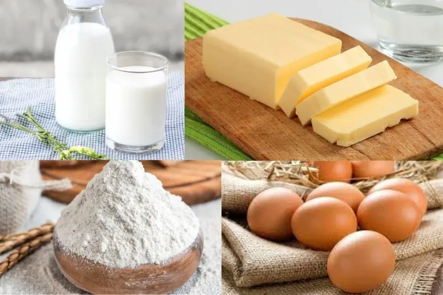 Trứng gà, bột mì, bơ lạt, sữa tươi