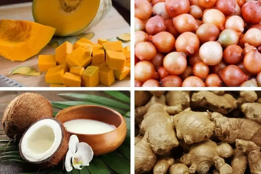 Các nguyên liệu để nấu món súp bí đỏ chay