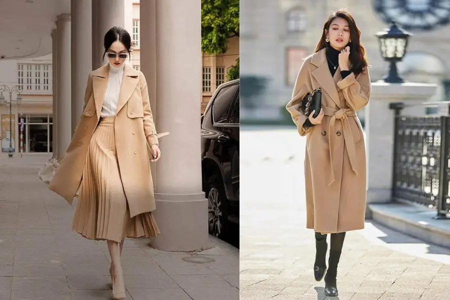 Outfit Noel thật phong cách với chiếc áo măng tô mix cùng chân váy xếp ly.