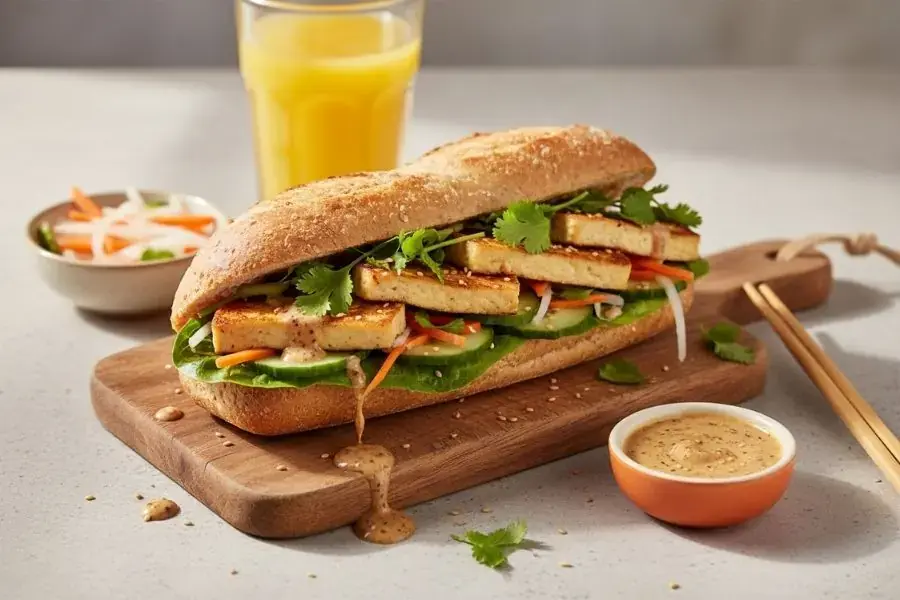 Bánh mì kẹp đậu hũ áp chảo cho bữa sáng.