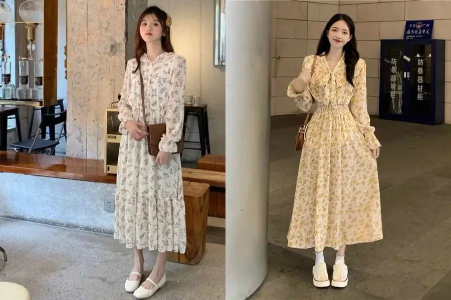 Váy hoa nhí dài tay phù hợp với đêm Giáng Sinh se lạnh.