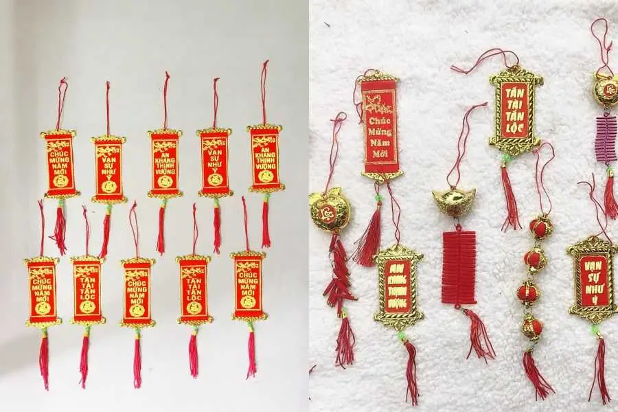 Liễn Tết được thiết kế nhỏ gọn với gam màu của sự may mắn.
