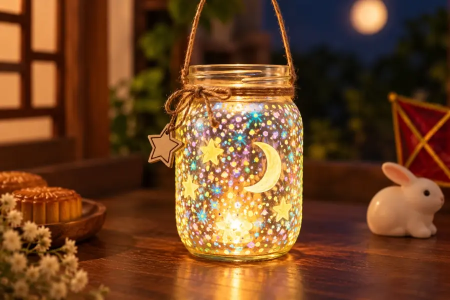 Chấm sơn dạ quang lên hũ thủy tinh, phơi sáng rồi đặt đèn LED bên trong để tạo hiệu ứng lấp lánh.