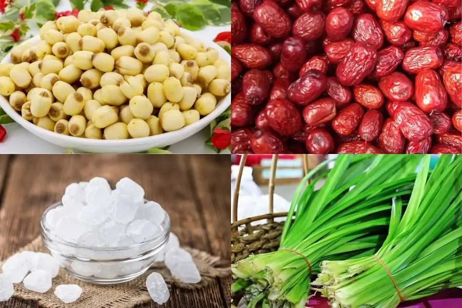 Nguyên liệu của món chè hạt sen táo đỏ với màu sắc bắt mắt.