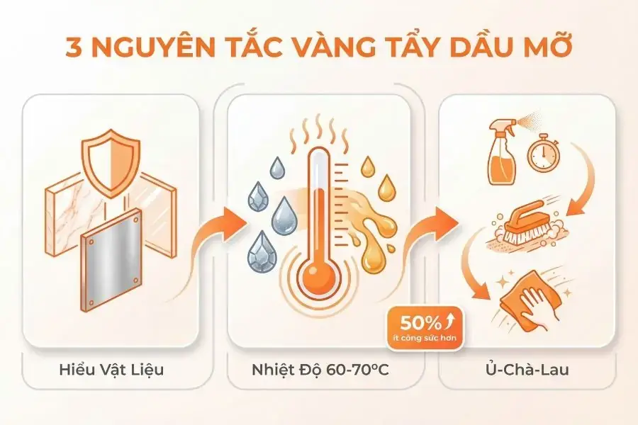 Nắm vững quy trình 3 bước 'Làm mềm - Công phá - Làm sạch' là bí quyết giúp các Tasker bTaskee xử lý vết dầu mỡ nhanh chóng mà không làm tổn hại bề mặt vật liệu.