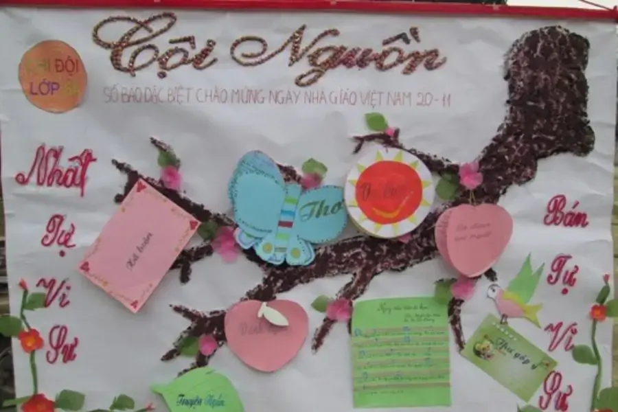 Mẫu báo tường 20 11 của Chi đội 6/4 được sáng tạo từ những hạt cườm cùng những bức thư và nét vẽ đơn giản nhưng vô cùng thu hút. 