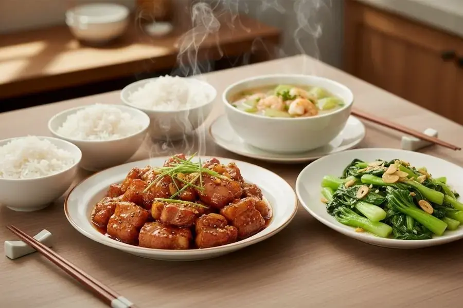 Thịt kho tiêu - Cải chíp xào - Canh bí tôm.