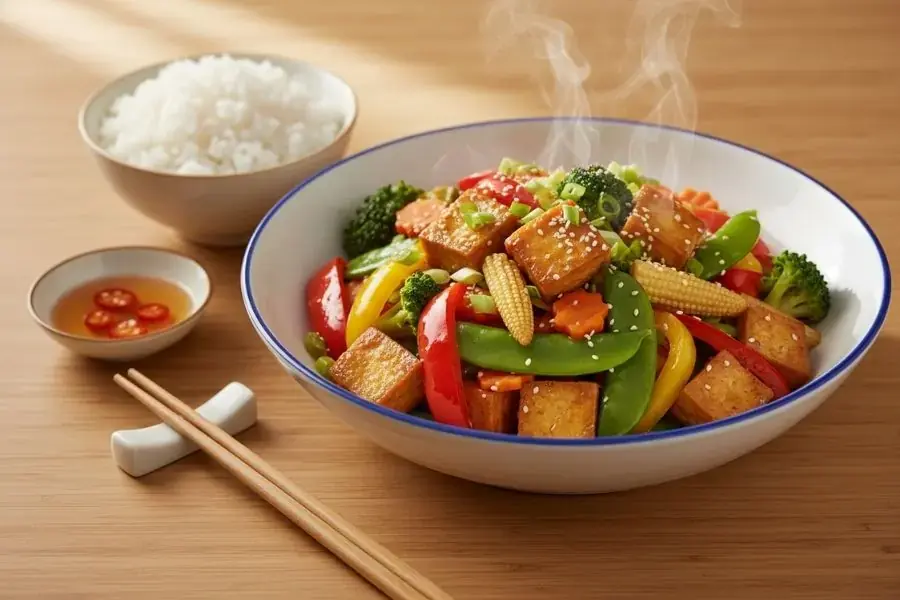 Đậu hũ xào rau củ đủ màu.