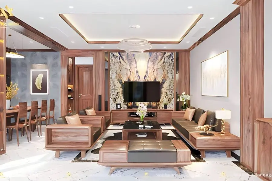 Mẫu trang trí phòng khách với nội thất gỗ sang trọng