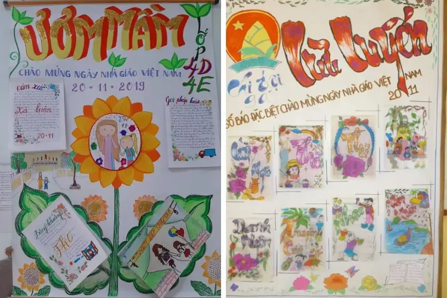 Mẫu báo tường 20 11 được vẽ bằng tay với tạo hình hoa hướng dương cùng màu sắc bắt mắt của Lớp 4D/4E (trái) và tác phẩm “Lưu luyến” với nhiều bức tranh bắt mắt (phải). 