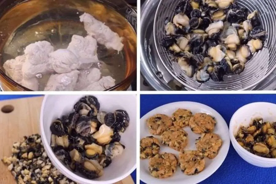 Luộc ốc, chuẩn bị làm chả ốc.