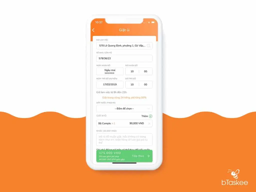 Tiền thanh toán trên ứng dụng giặt ủi bTaskee